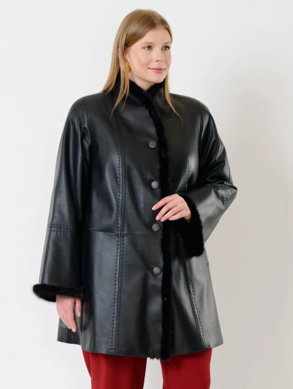 Утепленный женский кожаный плащ с норкой 312рс, черный, размер 58, артикул 23710-1