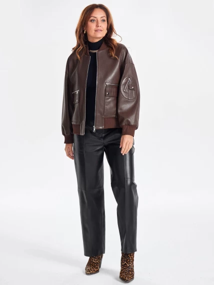 Короткая женская кожаная куртка бомбер премиум класса 3064, коричневая, размер 44, артикул 23760-1