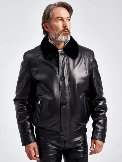 Кожаная зимняя мужская куртка с воротником меха норки 4816, черная, размер 46, артикул 40560-0