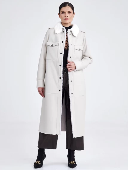 Женское пальто рубашка с воротником из меха норки премиум класса 2016, белая, размер 48, артикул 63630-5
