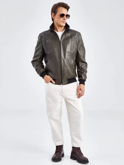 Кожаная куртка бомбер мужская премиум класса 521, оливковая, размер 50, артикул 29030-0