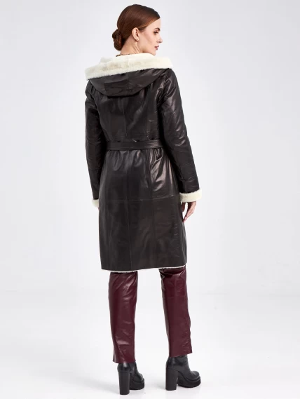 Кожаный плащ зимний женский 392мех, с капюшоном, с поясом, черно-белый, размер 48, артикул 92060-2