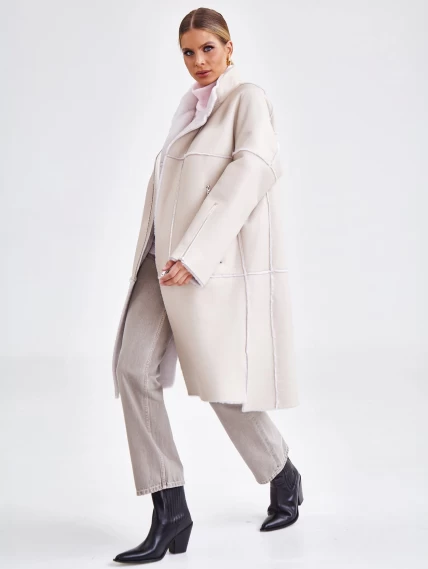 Молодежное женское пальто из натуральной овчины премиум класса 2029, бежевое, размер 50, артикул 63920-4