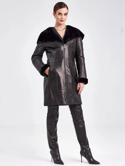 Кожаное пальто зимнее женское 393мех, с капюшоном, черное, размер 46, артикул 91860-1