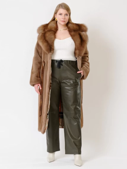 Зимний комплект женский: Пальто из меха норки 19009ав + Брюки 06, пастельный/оливковый, размер 52, артикул 111194-6