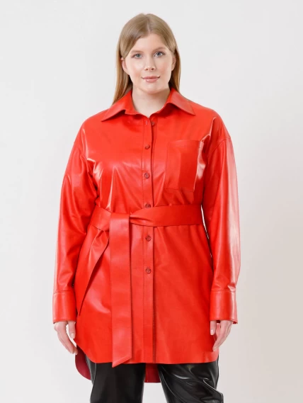 Кожаная женская рубашка с поясом из натуральной кожи 01, красная, размер 46, артикул 91450-1