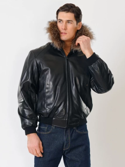 Мужская утепленная кожаная куртка бомбер на резинке с енотовым воротником Мауро-зима, черная, размер 52, артикул 40320-1