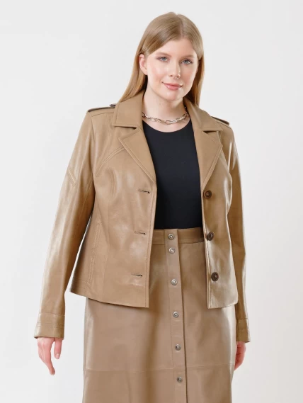 Короткая женская кожаная куртка пиджак 304, серо-коричневая, размер 44, артикул 91433-3