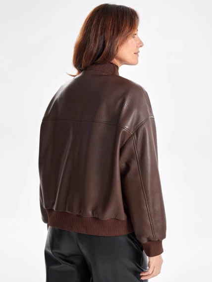 Короткая женская кожаная куртка бомбер премиум класса 3064, коричневая, размер 44, артикул 23760-6