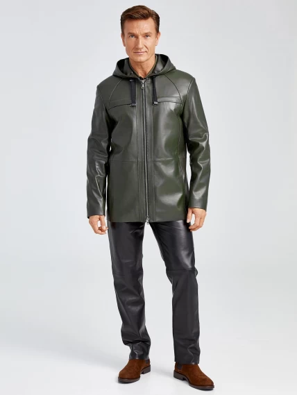 Удлиненная мужская кожаная куртка с капюшоном премиум класса 552, оливковая, размер 48, артикул 28892-3