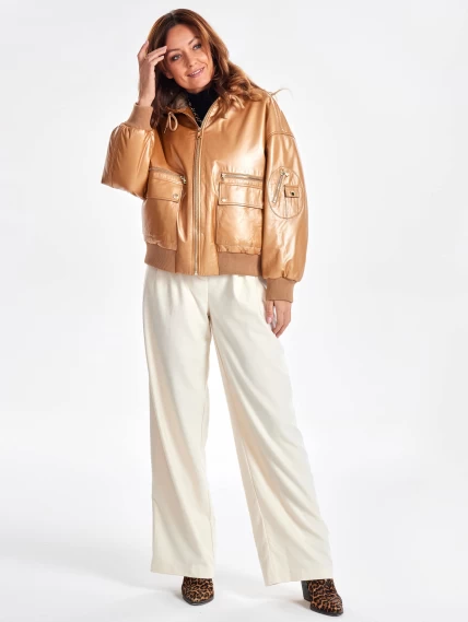 Женская утепленная куртка бомбер с капюшоном премиум класса 3075, бежевая, размер 44, артикул 25550-0