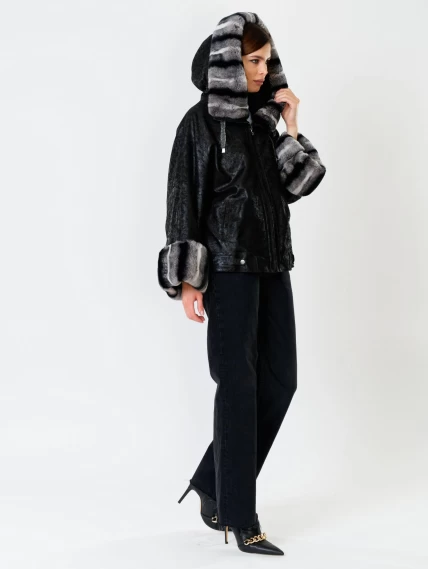 Замшевая утепленная женская куртка с мехом "рекса" 397ш, черная, размер 48, артикул 91090-4
