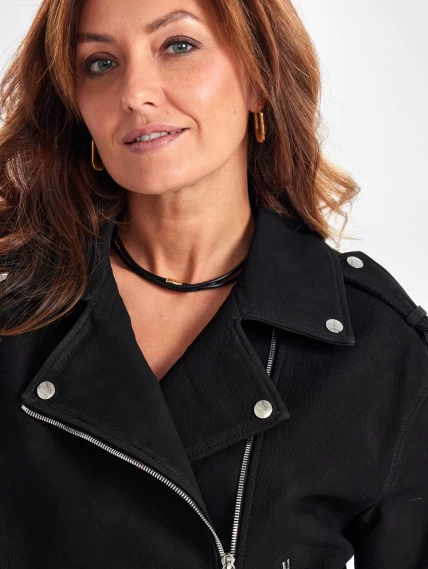 Короткая кожаная куртка косуха с поясом для женщин премиум класса 3052, черная, размер 44, артикул 23440-2