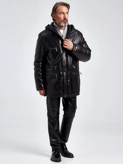 Утепленная мужская кожаная куртка с капюшоном 513, черная, размер 56, артикул 29100-1