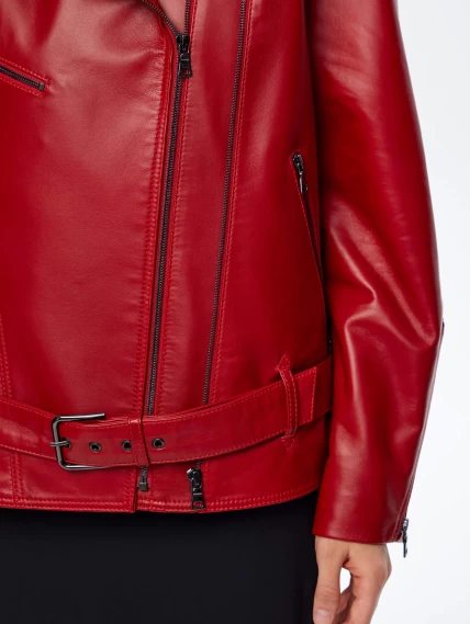 Кожаная женская куртка косуха с поясом 3013, красная, размер 48, артикул 91711-3