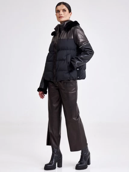 Комбинированная женская кожаная куртка с капюшоном 3030, черная, размер 44, артикул 23360-5