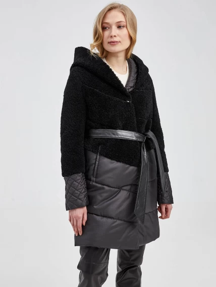 Демисезонный комплект женский: Пальто комбинированное 807 + Брюки 02, черный, размер 42, артикул 111228-2