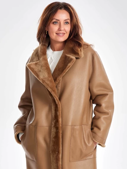 Двустороннее длинное женское пальто из овчины премиум класса 2030, коричневое, размер 46, артикул 63290-4
