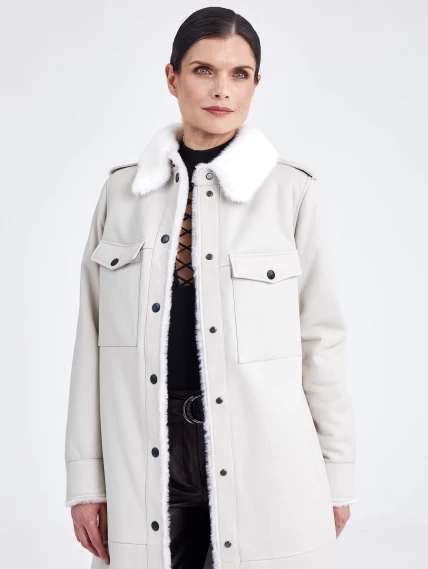 Женское пальто рубашка с воротником из меха норки премиум класса 2016, белая, размер 48, артикул 63630-4