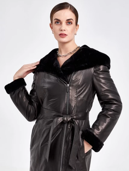 Кожаное пальто зимнее женское 394мех, с капюшоном, черное, размер 46, артикул 91870-6