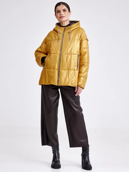 Утепленная женская кожаная куртка оверсайз с капюшоном премиум класса 3023, желтая, размер 44, артикул 23390-1