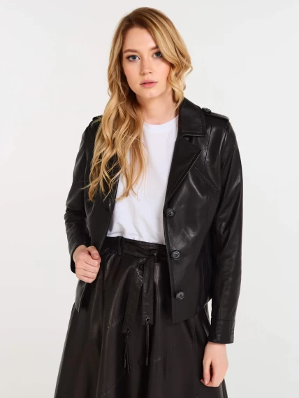 Короткая женская кожаная куртка пиджак 304, черная, размер 44, артикул 90380-4