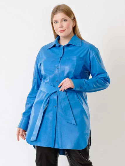 Кожаная женская рубашка с поясом из натуральной кожи 01_2, голубая, размер 46, артикул 91412-2