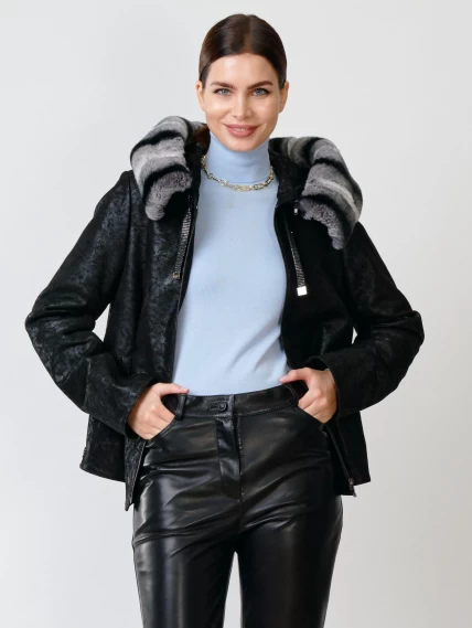 Короткая замшевая утепленная женская куртка с мехом "рекса" 308ш, черная, размер 46, артикул 90722-0