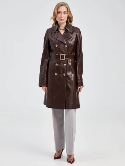 Двубортный кожаный женский френч с поясом 321, коричневый, размер 40, артикул 91660-3