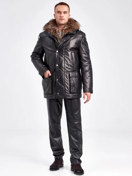 Кожаная утепленная куртка аляска с капюшоном и мехом енота для мужчин 5471, черная, размер 48, артикул 40980-5