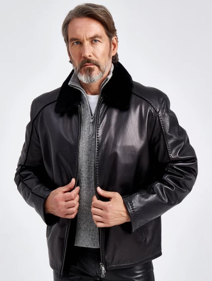 Кожаная мужская зимняя куртка на подкладке из овчины 4615, черная, размер 58, артикул 40550-6