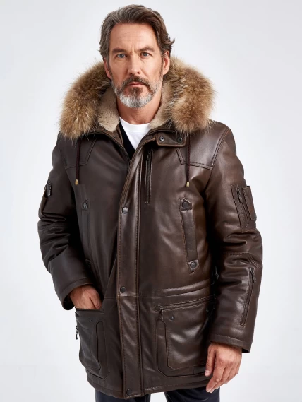 Утепленная мужская кожаная куртка аляска с мехом енота Алекс, темно-коричневая, размер 48, артикул 40721-0