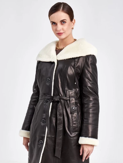 Кожаное пальто зимнее женское 392мех, с капюшоном, с поясом, черно-белое, размер 48, артикул 91840-0