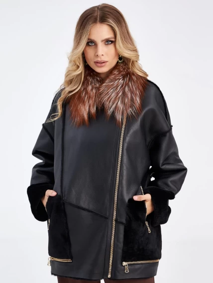 Женская куртка оверсайз из натуральной овчины с воротником из меха лисицы премиум класса 2042, черная, размер 44, артикул 63500-1