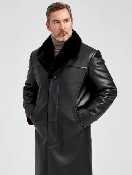 Мужское зимнее кожаное пальто с норковым воротником премиум класса 533мех, черное, размер 50, артикул 71062-0