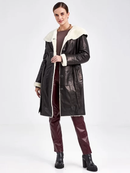 Кожаное пальто зимнее женское 392мех, с капюшоном, с поясом, черно-белое, размер 48, артикул 91840-1
