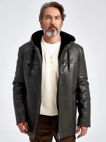 Кожаная утепленная мужская куртка с капюшоном премиум класса 552ш, хаки, размер 48, артикул 29590-3