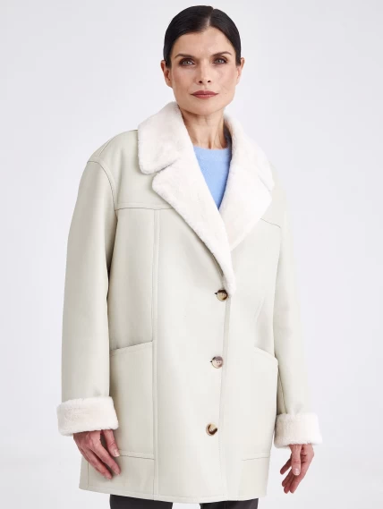 Короткая женская дубленка пиджак с поясом премиум класса 2011, белая, размер 48, артикул 62670-0