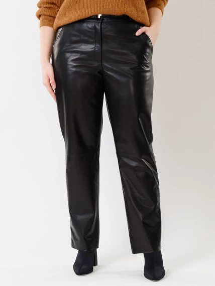 Кожаные прямые женские брюки из натуральной кожи 04, черные, размер 46, артикул 85390-5