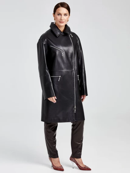 Кожаное женское пальто косуха оверсайз премиум класса 3015, черное, размер 50, артикул 25630-5