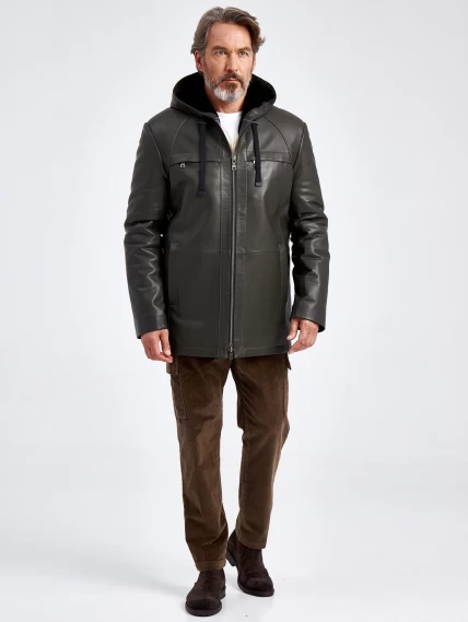 Кожаная утепленная мужская куртка с капюшоном премиум класса 552ш, хаки, размер 48, артикул 29590-5