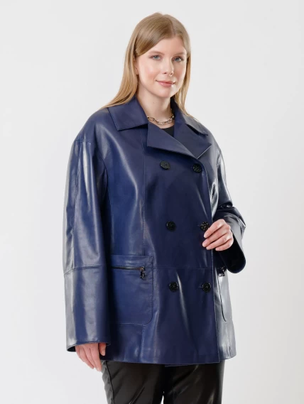 Кожаная женская двубортная куртка оверсайз 3002, синяя, размер 58, артикул 91420-6