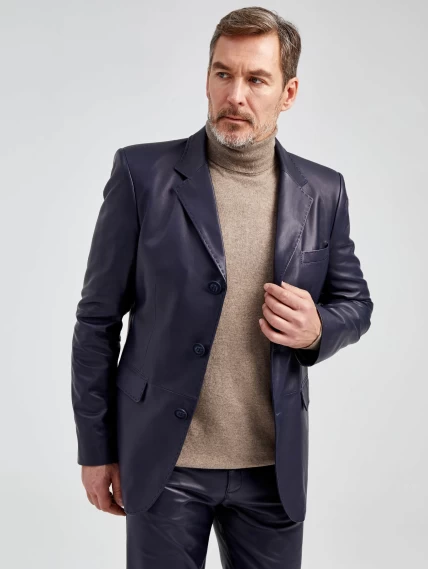 Мужской кожаный пиджак на ручном стежке премиум класса 543, синий, размер 48, артикул 28962-5