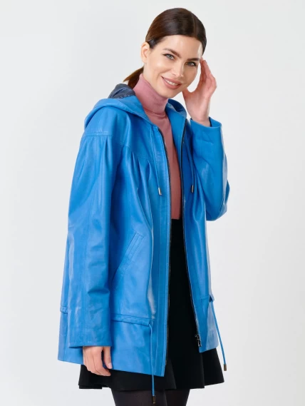 Кожаная женская куртка с капюшоном 303у, голубая, размер 54, артикул 90690-5