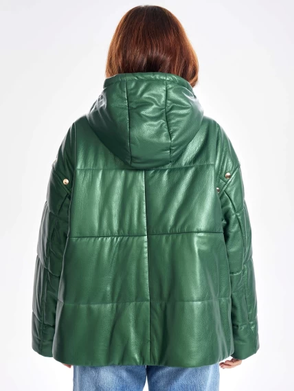 Утепленная женская кожаная куртка оверсайз с капюшоном премиум класса 3023, зеленая, размер 48, артикул 23330-6