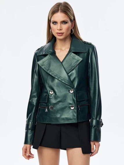 Двубортный кожаный женский пиджак 3014, зеленый, размер 48, артикул 91730-4