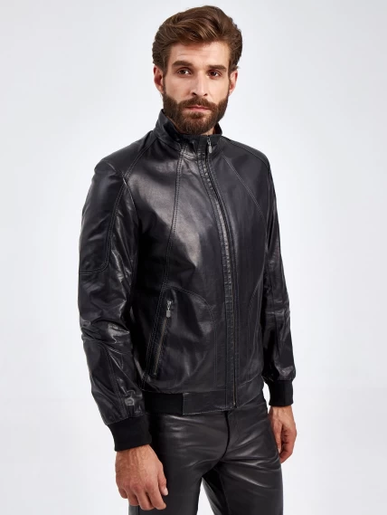 Короткая мужская кожаная куртка бомбер 526, черная, размер 50, артикул 29230-3