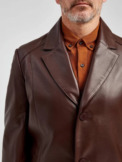 Кожаный пиджак удлиненный премиум класса для мужчин 541, коричневый, размер 48, артикул 29531-2