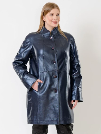 Кожаное пальто женское 378, синий перламутр, размер 48, артикул 91272-1