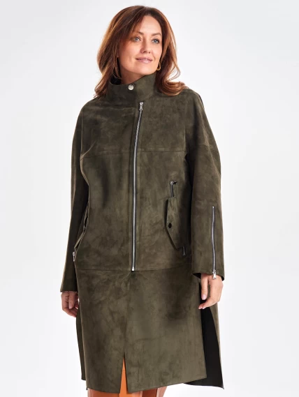 Стильное замшевое пальто оверсайз для женщин премиум класса 3041з, оливковое, размер 50, артикул 63460-2